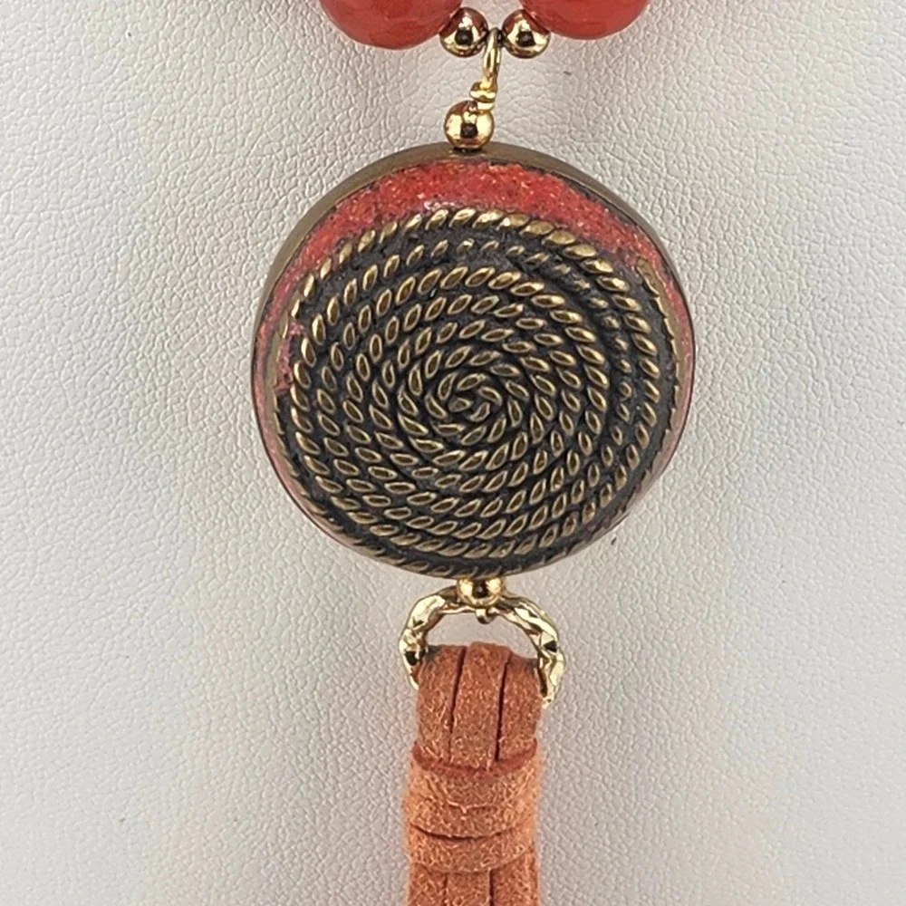 Orange Agate‎ Beaded Necklace Statement Pendant Tassel Gold Accent Jewelry